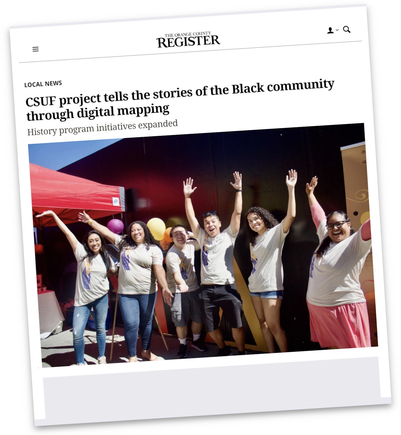 screenshot of an article in the Orange County Register, with the headline that reads: CSUF project tells the stories of the Black community through digital mapping