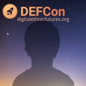 a silhouette of a person against a background of a starry purple sky, with a logo for "DEFCon"