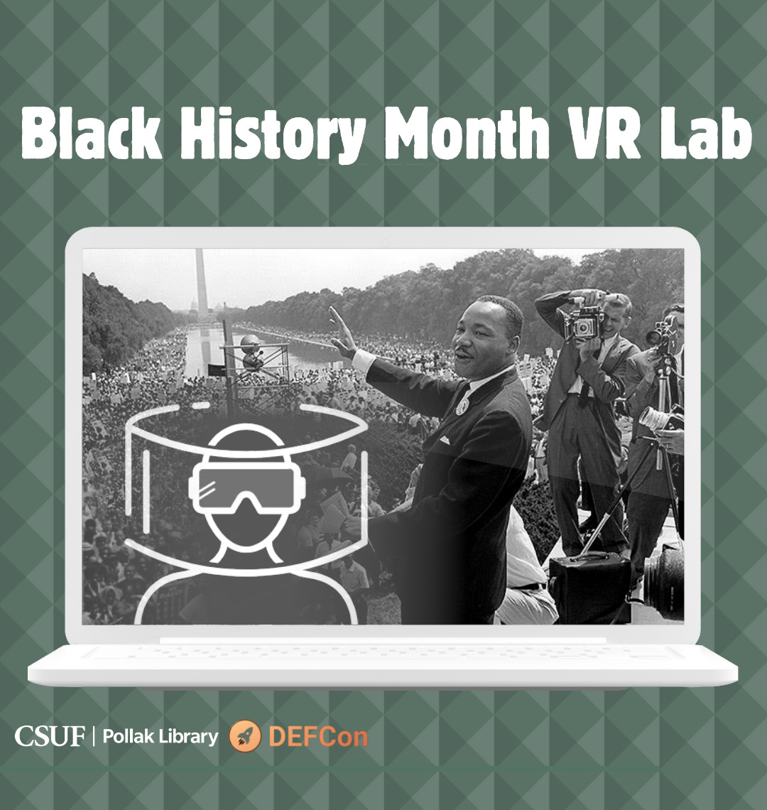 illustration of a laptop with the historical photo of Martin Luther King, Jr. waving over the crowd at the National Mall in the 1963 March on Washington. An icon of virtual reality goggles is overlaid in the corner.
